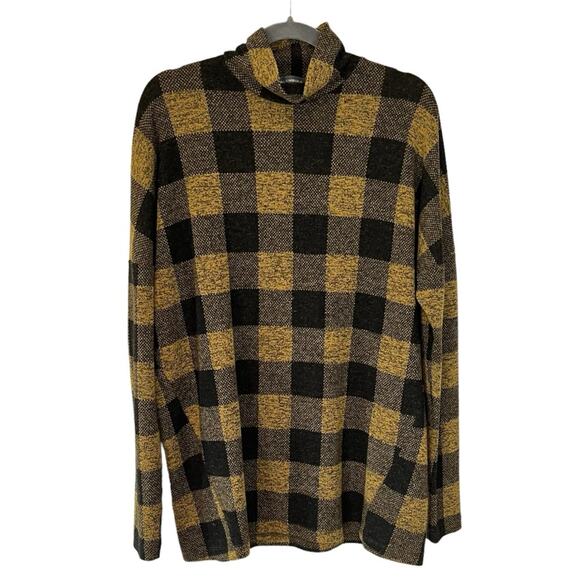 Alembika Plaid Mock Neck Relaxed Tunic Sweater Mustard Gold Black Plaid US 8/10 - Picture 1 of 6